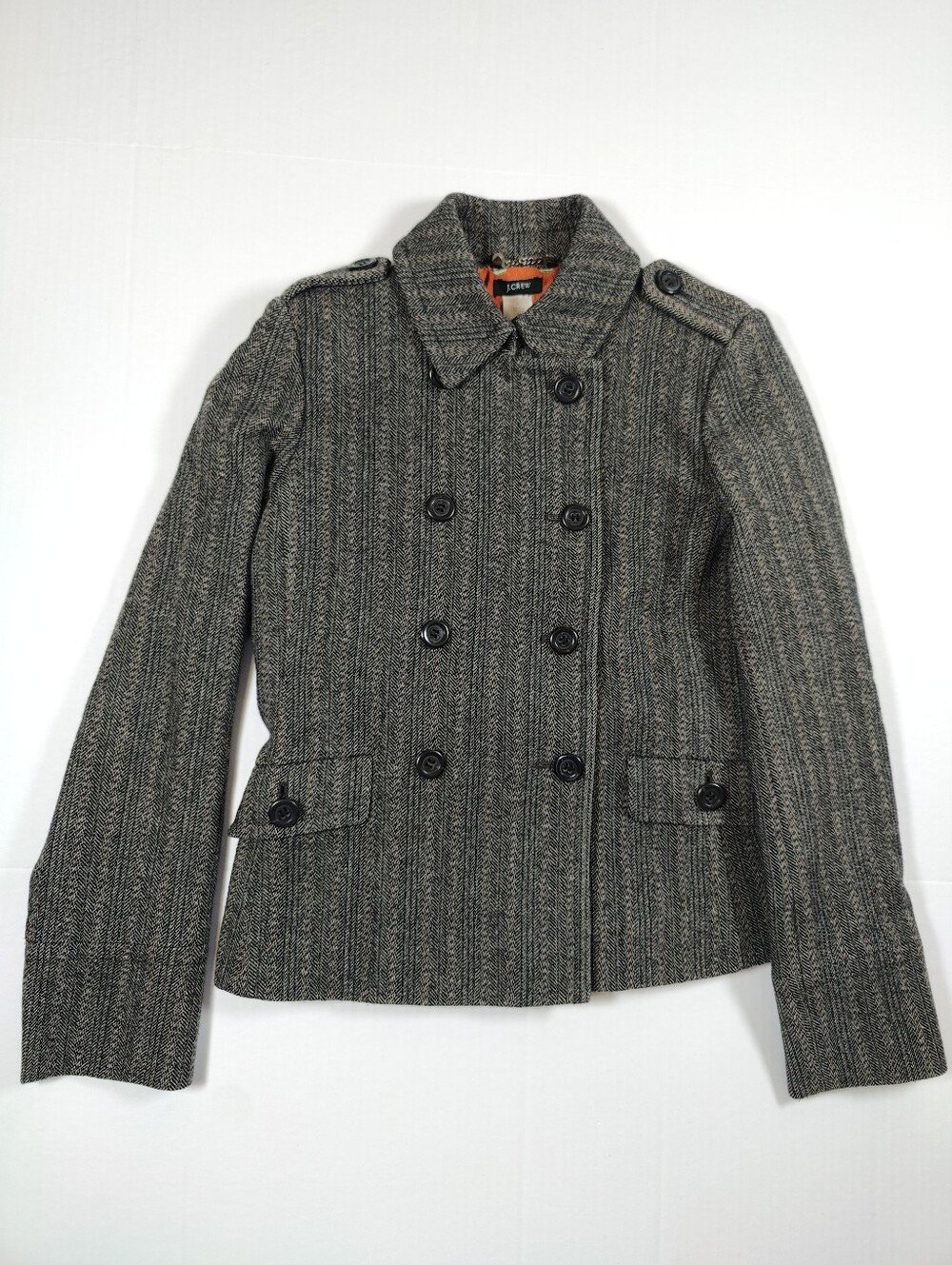 J. Crew Women Brown Double Breast Herringbone Tweed Wool Peacoat Size 0